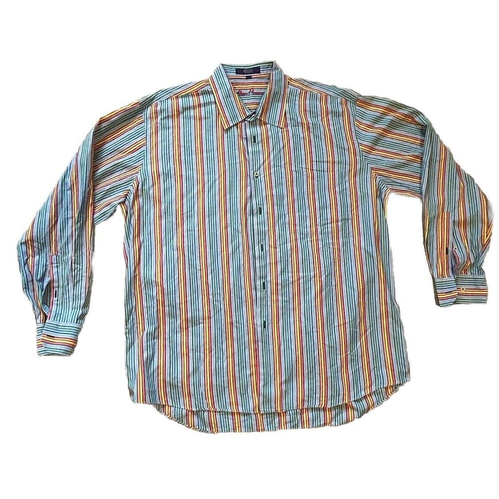 Alan Flusser‎ Shirt Mens XL Multicolor Striped Blue, Green & yellow
